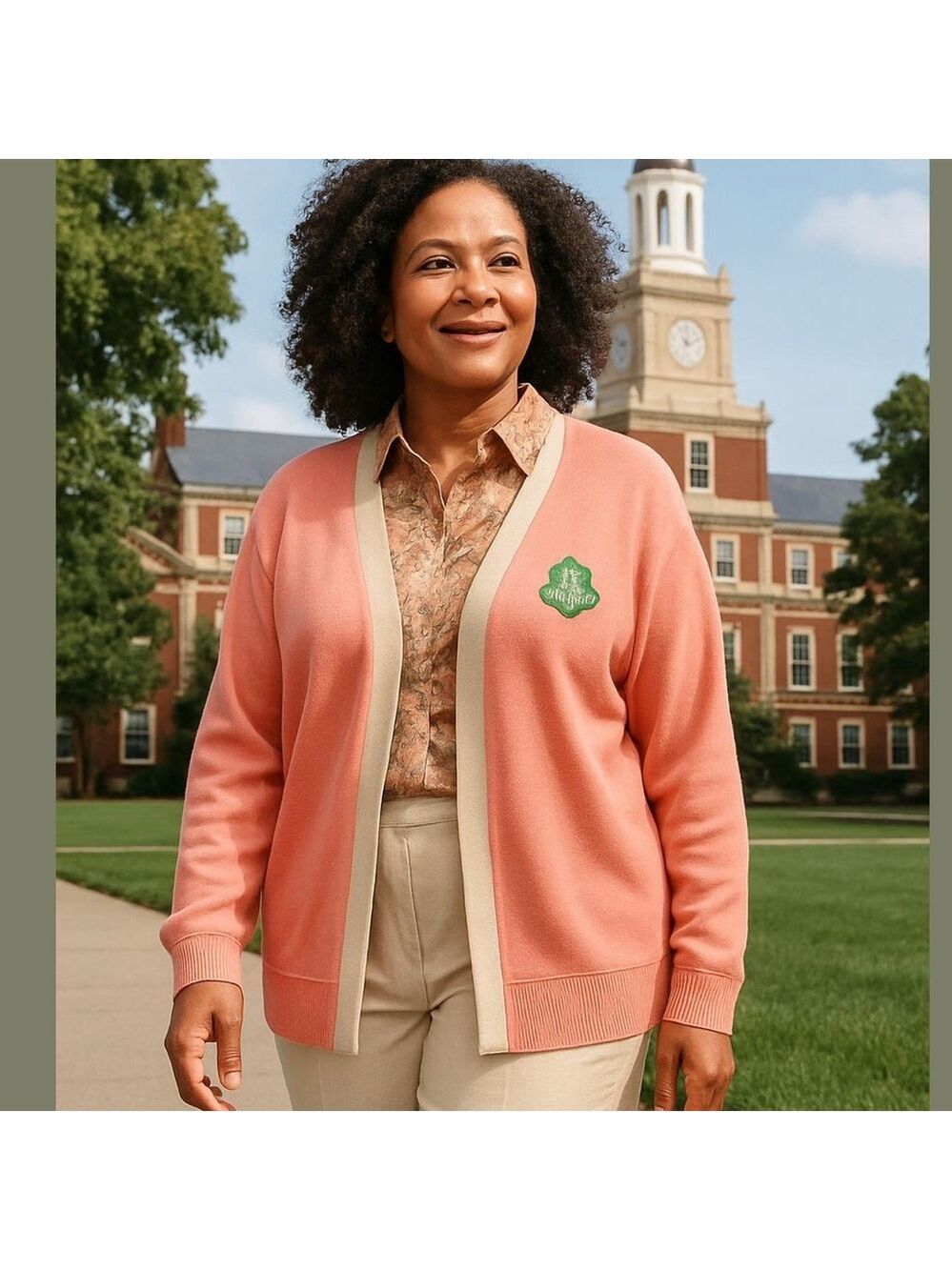 3PC ALPHA KAMA ALPHA SORORITY PINK & CREAM CARDIGAN, PRINT & SOLID PINK BLOUSES